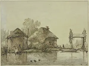 Waters Edge Prints: A house with a barn and a lock with two wheels by a canal. Creator: Jan Hulswit