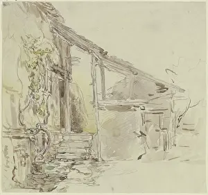 Doors Prints: House corner with a grapevine and four steps, c1850-1905. Creator: Anton Burger