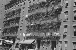 House fronts, 61st Street between 1st and 3rd Avenues, New York, 1938. Creator: Walker Evans