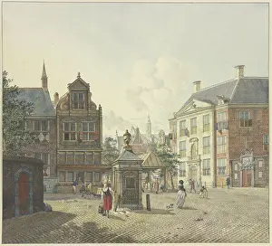 Bucket Prints: A well house in an open space, with a maid in a red skirt and a bucket