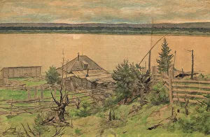 Karatanov Dmitrii Innokentevich Prints: House on the river bank, 1921. Creator: Dmitrii Innokent'evich Karatanov