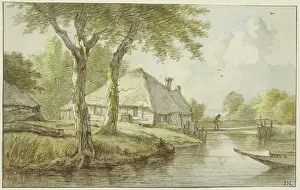 Waters Edge Prints: A house by the water, a jetty, the prow of a boat to the right