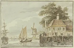 Seascape Prints: House by the water and a windmill, with several ships nearby. Creator: Hendrik Spilman
