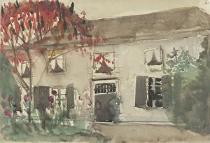Front Door Prints: House with front yard and red tree, 1874-1945. Creator: Carel Adolph Lion Cachet
