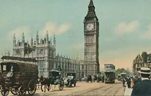 Horsedrawn Collection: Houses of Parliament, & Westminster Bridge, London, c1900s. Creator: Unknown