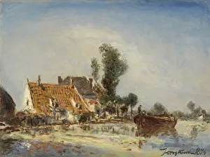 Tiled Prints: Houses on a Waterway near Crooswijk, 1874. Creator: Johan Barthold Jongkind