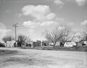 Okie Prints: Housing for Oklahoma refugees, California, Kern County, 1936. Creator: Dorothea Lange