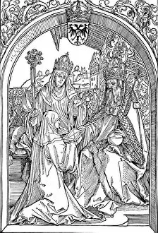 Abbess Collection: Hrotsvitha Presenting Her Book to the Emperor Otto I, 1501 (1906). Artist: Albrecht Durer