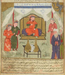 Mongolian Prints: Hulagu Khan and Courtiers. Miniature from Jami al-tawarikh (Universal History)