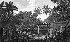Drum Prints: A Human Sacrifice in a Morai, in Otaheite; in the presence of Captain Cook, c1773