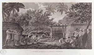 Captain James Gallery: Human sacrifice on Tahiti in the South Pacific, c1773. Artist: W Woollett