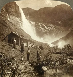 Mountainside Prints: Humble mountain home at the foot of cliffs where Skiaeggedals Falls leap 525 ft