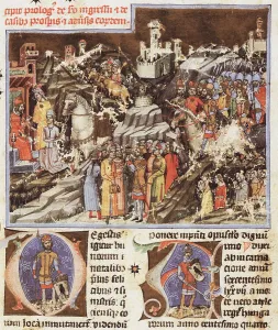 Hungarian conquest of the Carpathian Basin. Miniature from the Chronicon Pictum, ca 1365. Creator: Mark of Kalt (Kalti Mark) (active 1336-1373)