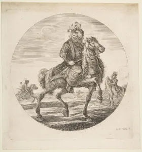 Hungarian Gallery: Hungarian horseman riding towards the right, other horsemen in the background, a circu