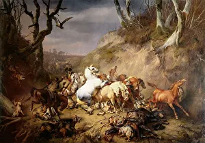 Verboeckhoven Eugene Prints: Hungry Wolves Attacking a Party of Riders, 1836. Creator: Eugène Verboeckhoven
