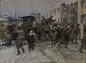 Petrograd Gallery: Hungry workmen in Petrograd robbing a military lorry of bread, 1920