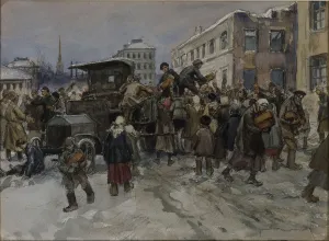 Petrograd Gallery: Hungry workmen in Petrograd robbing a military lorry of bread, 1920