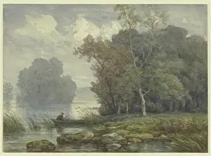 Shore Prints: Hunter in a boat on a wooded shore, 19th century. Creator: Karl Peter Burnitz