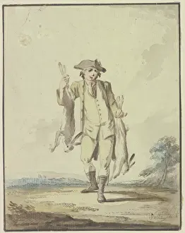 Hare Prints: Hunter carrying two hares, late 18th century. Creator: Gottlieb Welte