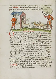 A Hunter with Dogs Hunting Stag Which Runs into an Ox Stall... third quarter of 15th century. Creator: Unknown