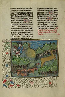 Deer Hunting Prints: A Hunter and Dogs Pursuing a Stag; Livre de la Chasse, about 1430-1440. Creator: Unknown
