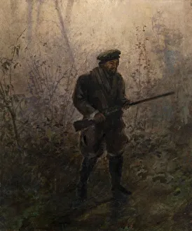 Hunter in the Forest. Artist: Pokhitonov, Ivan Pavlovich (1850-1923) Hunter in the Forest. Artist: Pokhitonov, Ivan Pavlovich (1850-1923)