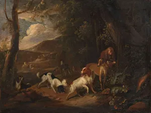 Bending Down Prints: Hunter with Hounds at the Edge of a Wood, c.1696. Creator: Adriaen Cornelisz Beeldemaker