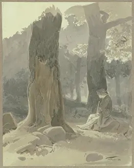Wove Paper Prints: Hunter sitting on a rock in the forest near Konigstein-Falkenstein