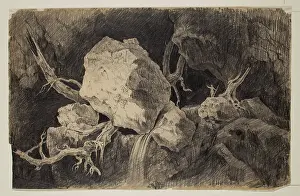 Risky Business Prints: Hunter Standing in Cave near Rock and Waterfall, c1828. Creator: Thomas Cole
