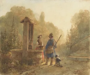 Hunting Rifle Prints: Hunter talking to a farmer's wife at a well
