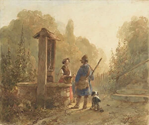 Afternoon Collection: Hunter talking to a farmer's wife at a well, next to him a dog, 1797-1870