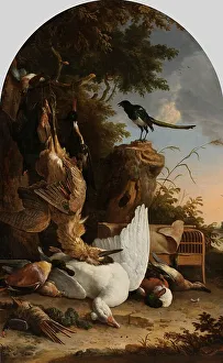 Dead Animal Prints: A Hunter's Bag near a Tree Stump with a Magpie