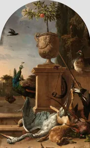 Dead Animal Prints: A Hunter's Bag on a Terrace, c.1678. Creator: Melchior d'Hondecoeter