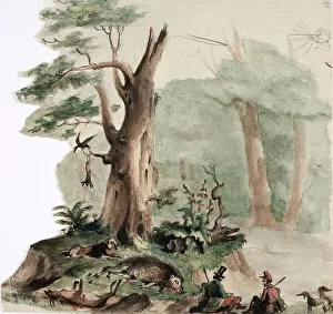 Hunting Dogs Prints: Two hunters with their dogs next to the shot game in a cool landscape