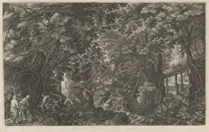 Gillis Sadeler Ii Prints: Hunters in a Forest near a Wooden Bridge