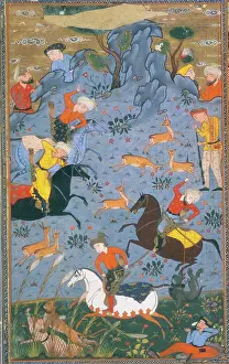 Ferdowsi Prints: Hunters on horseback hunting deer, 1595. Creator: Anon