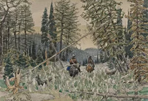 Hunters on horseback in a pine forest. Artist: Vasnetsov, Appolinari Mikhaylovich (1856-1933)