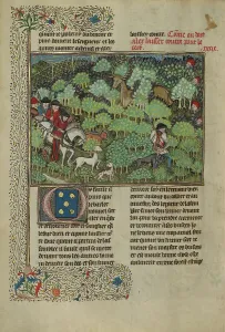 Hiding Prints: Hunters Pursuing a Deer; Livre de la Chasse, about 1430-1440. Creator: Unknown