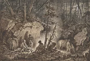 Bonfire Gallery: Hunters resting in a forest at night, 1830-60. Creator: Kilian Christoffer Zoll