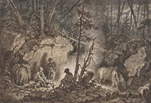 Hunters resting in a forest at night, 1830-60. Creator: Kilian Christoffer Zoll Hunters resting in a forest at night, 1830-60. Creator: Kilian Christoffer Zoll