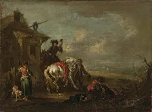 Spinning Prints: Hunters by a Tavern, 1750. Creator: August Querfurt