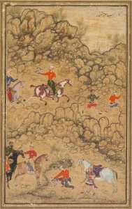 Attributed To Gallery: Hunting with falcons in a landscape; Verso: Calligraphy of Chaghatai Turkish poems