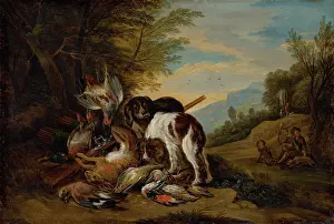 Hare Prints: Hunting Still Life in a Landscape, 1700-1715. Creator: Adriaen de Grijef