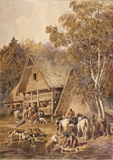 Borzoi Collection: The Huntsmen, 1863. Artist: Sokolov, Pyotr Petrovich (1821-1899)