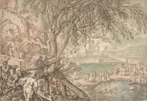 Stevens Prints: Huntsmen and Company Observing Dogs Retrieving Ducks in a Pond (The Month of April)