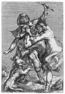Hurdy-Gurdy Player Attacking a Pilgrim, c1614. Creator: Jacques Bellange