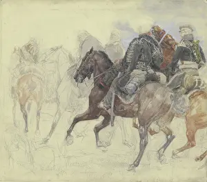 Jackets Prints: Five hussars on horseback, late 19th century. Creator: Wilhelm Altheim