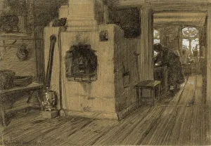 Wooden Floor Prints: In a Hut on the Outskirts of Irkutsk, 1904. Creator: Boris Vasilievich Smirnov