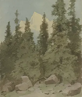 Hut surrounded by trees near the Rosenlaui Glacier, 1856. Creator: Carl Theodor Reiffenstein