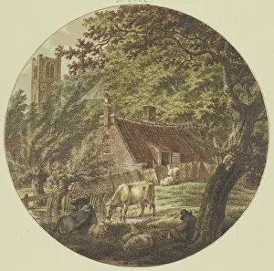 Asleep Prints: Hut in the woods with some cattle, a church tower on the left, 1788. Creator: Jacob Cats